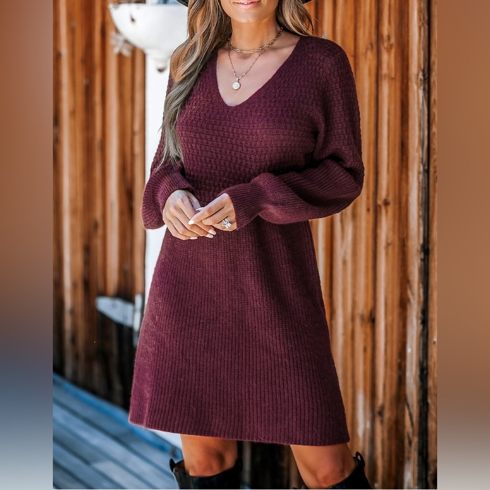 Cupshe Wine Long Sleeve V-Neck Sweater Dress